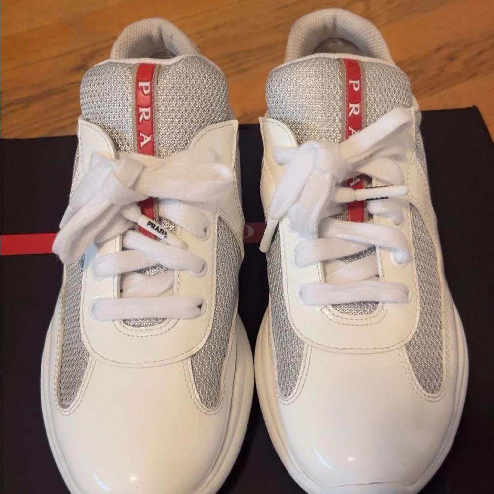Prada Men’s White, Silver & Red Mesh Leather Sneakers - Picture 3 of 9